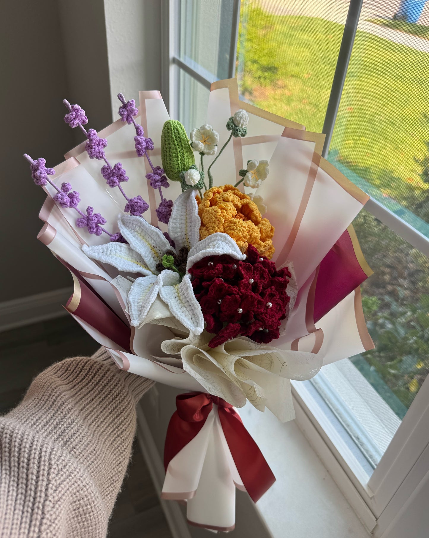 Crimson Garden Symphony – Red Hydrangea with Stargazer Lily, Golden Peony & Lavender