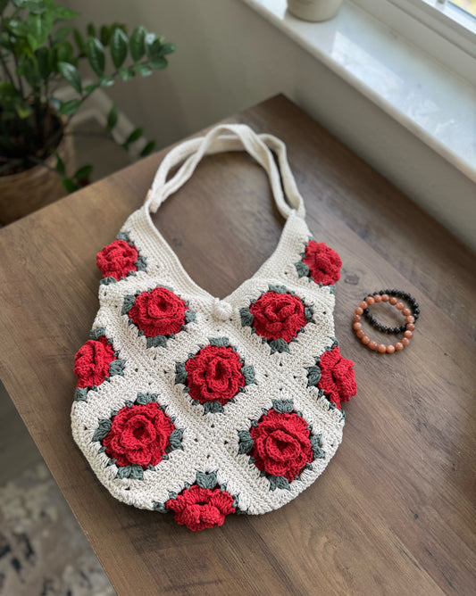 Cream White Crochet Rose Bag – Handmade 100% Cotton Granny Square Bag with Red Rose Detail & Adjustable Strap 🤍❤️🌹