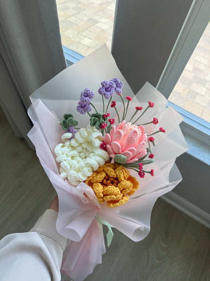 Royal Garden Crochet Bouquet – Pink Protea, Chrysanthemum, Peony & Soft Floral Mix
