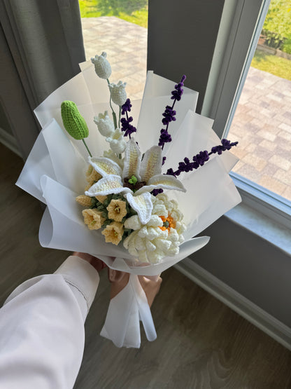 Ethereal Garden Crochet Bouquet – White Stargazer Lily, Dahlia, Lavender & Harebell Arrangement