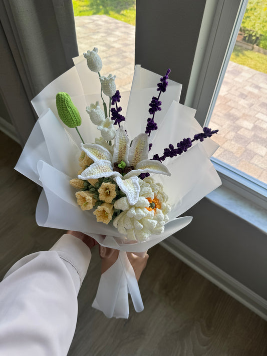 Ethereal Garden Crochet Bouquet – White Stargazer Lily, Dahlia, Lavender & Harebell Arrangement