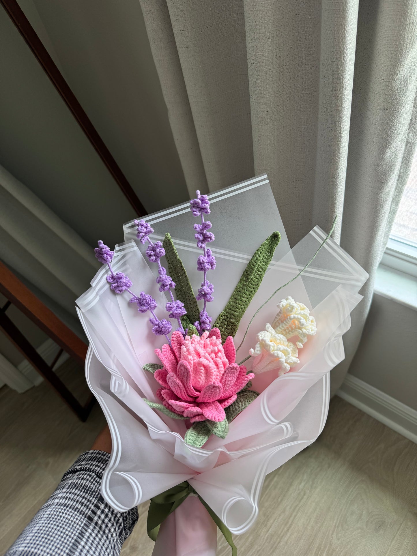 Alpine Bloom Crochet Bouquet – Pink Protea, Lavender, Peruvian Daffodil & Tulip Leaves
