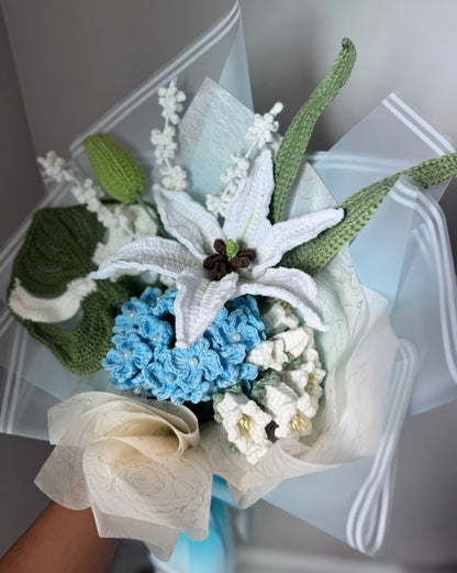 Blue Hydrangea & Lily Serenity – Crochet Flower Bouquet
