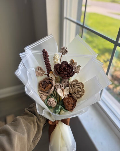 Mocha Meadow Muse – Neutral Tone Crochet Roses with Butterflies & Cocoa Lavender