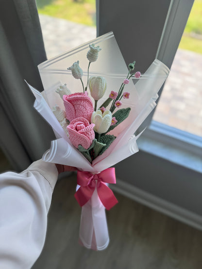Blush Reverie Bloom Crochet Bouquet – Pink Roses, White Tulips, Canterbury Bells & Lily of the Valley Handmade Flowers