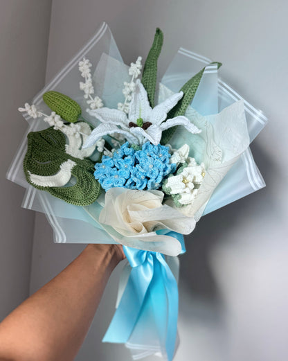 Blue Hydrangea & Lily Serenity – Crochet Flower Bouquet