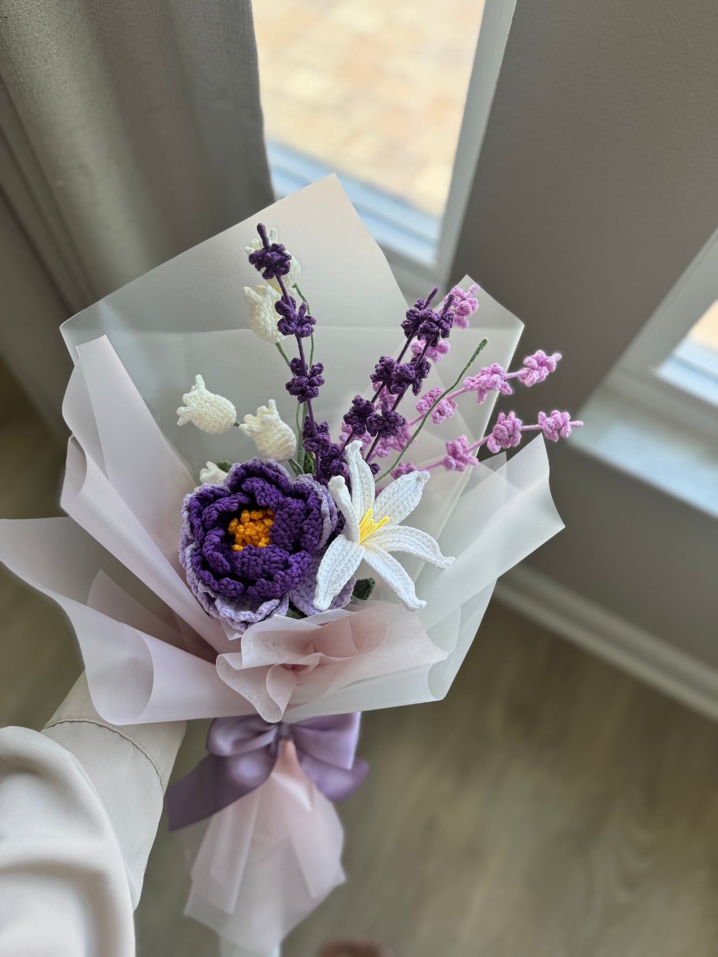 Midnight Bloom Crochet Bouquet – Deep Purple Peony, Lavender & White Floral Accents