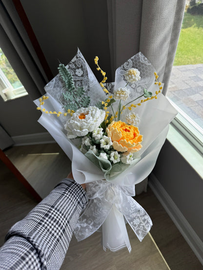 Golden Peony Morning Crochet Bouquet 🤍🌼✨