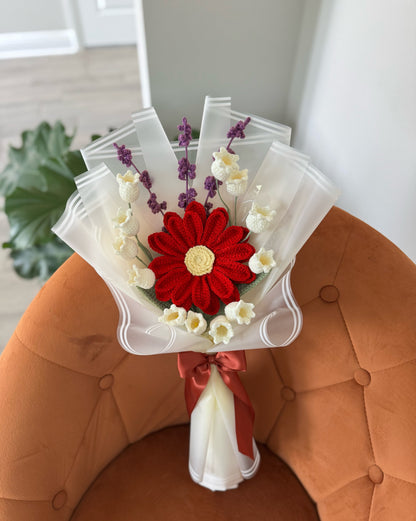 Crimson Charm Bouquet – Red Gerbera with Lavender & Canterbury Bells