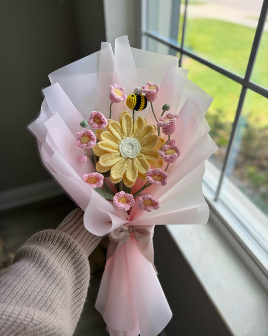 Sunlit Meadow Cheer – Yellow Gerbera with Pink Lily of the Valley & Bumblebee Crochet Bouquet