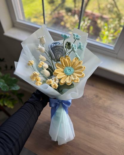 Skywhisper Garden Bouquet – Blue Rose, Frosted Gerbera & Cloudlight Blooms