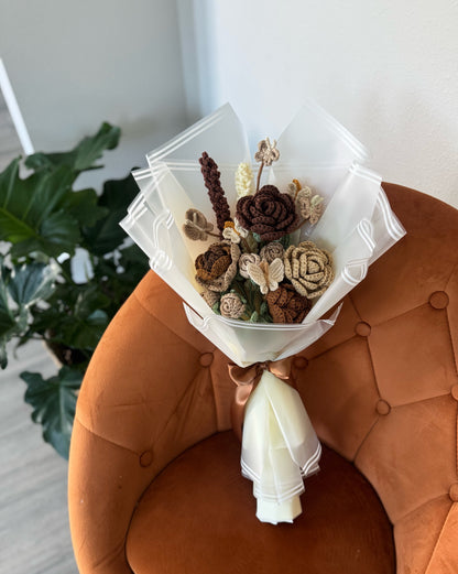 Mocha Meadow Muse – Neutral Tone Crochet Roses with Butterflies & Cocoa Lavender