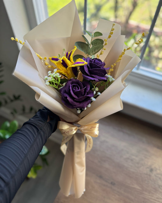 Sundrop Reverie Bouquet – Rapunzel-Inspired Glow with Purple Roses & Golden Lavender