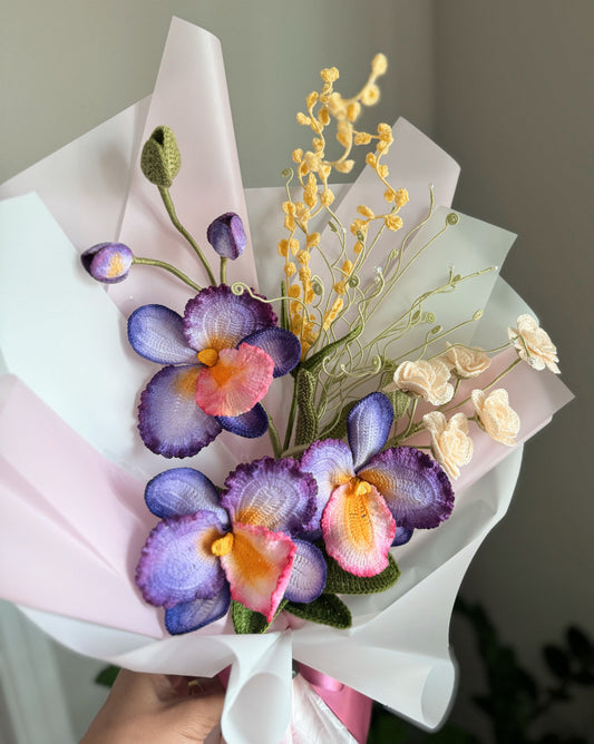 Hand-Painted Crochet Orchid Garden Bouquet – Crochet Flower Arrangement