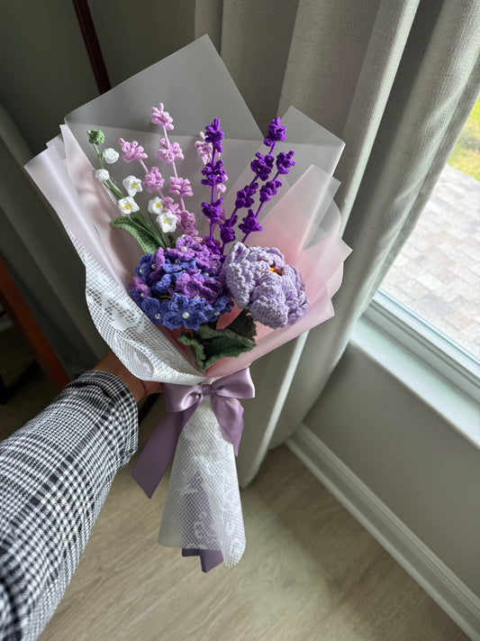 Violet Meadow Crochet Bouquet – Handmade Hydrangea, Peony & Wild Lavender Mix