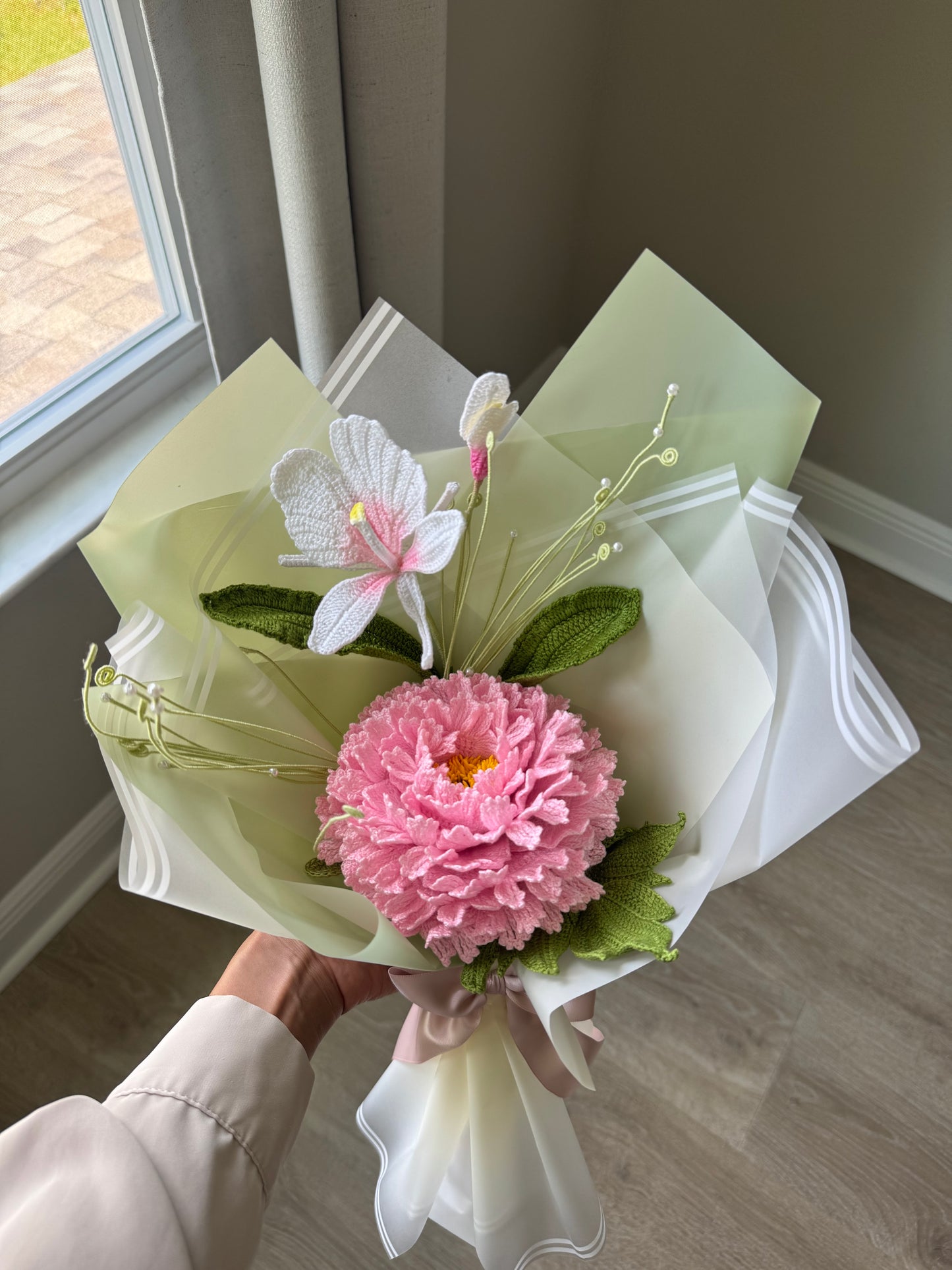 Luxury Fine Yarn Crochet Bouquet – Pink Peony, White Ginger Lily & Airy Green Vine Spray