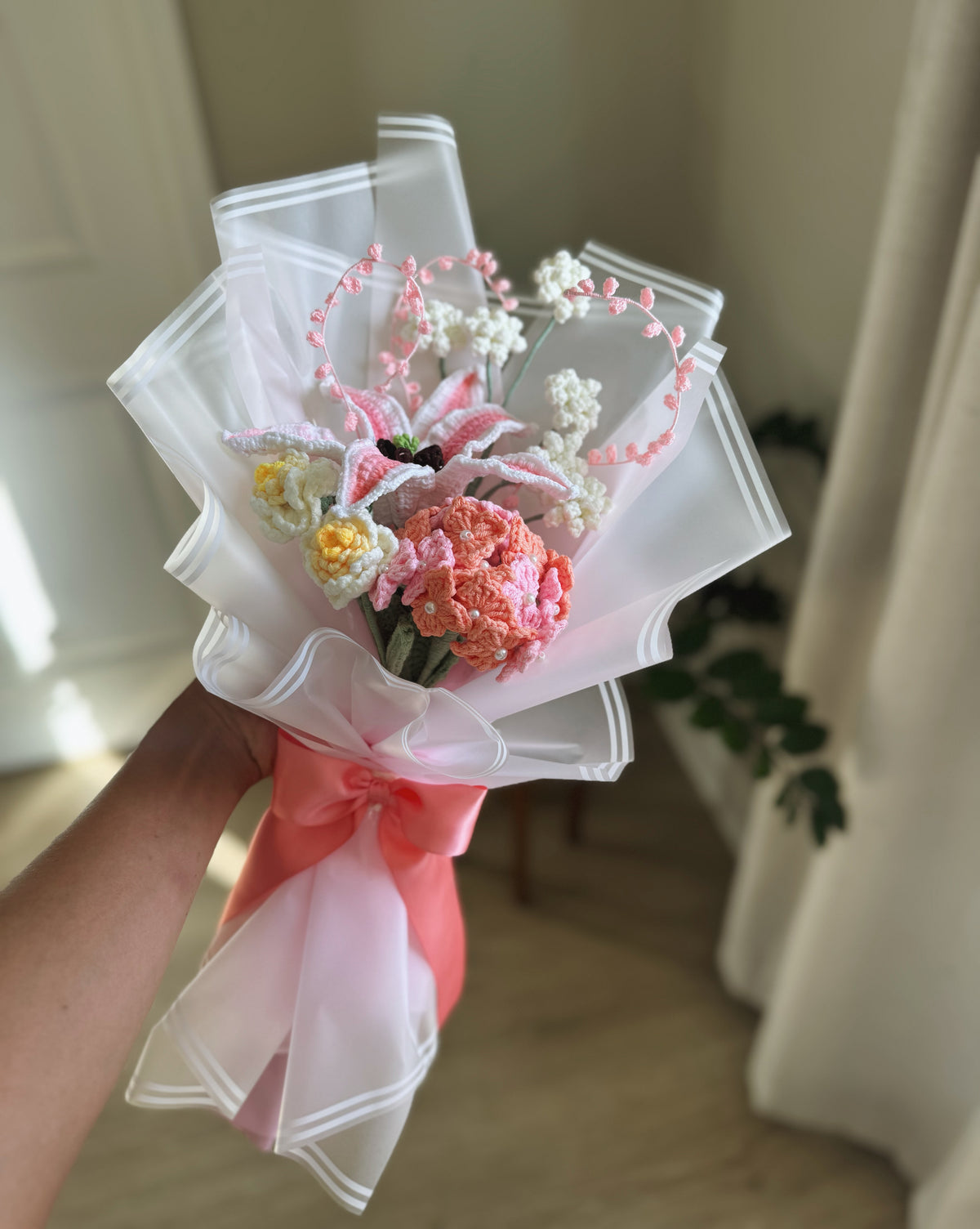 Blush of Dawn – Handcrafted Crochet Stargazer Lily, Hydrangea & Wildflower Bouquet 🌸🧡