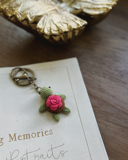 Pink Rose Shell Turtle Amigurumi Crochet Keychain