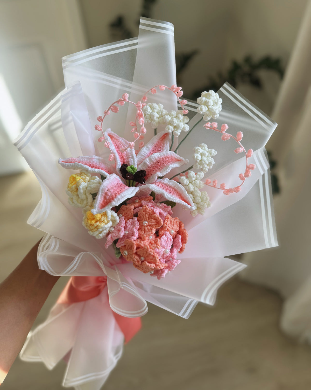 Blush of Dawn – Handcrafted Crochet Stargazer Lily, Hydrangea & Wildflower Bouquet 🌸🧡