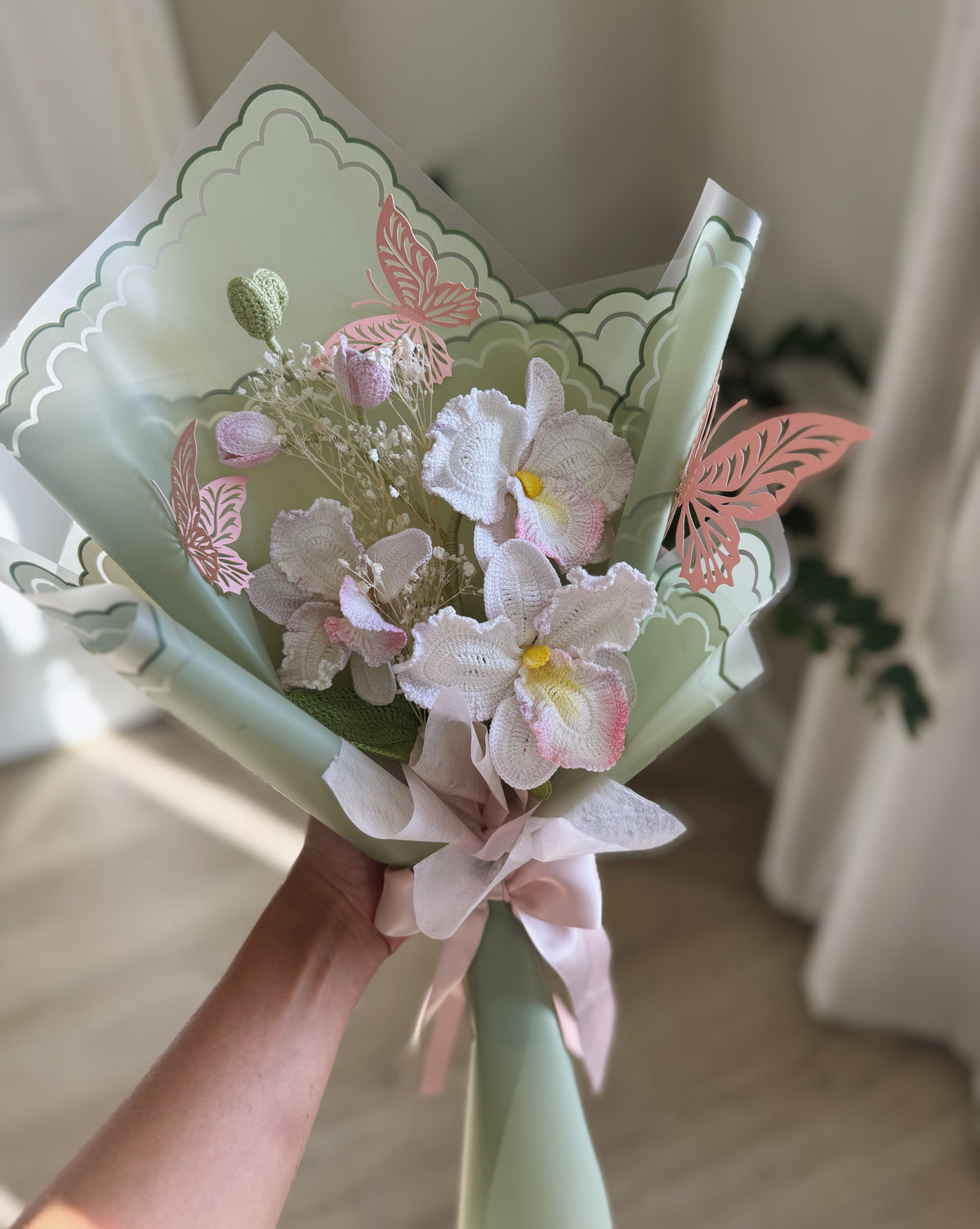 Blush of Serenity – Luxury Hand-Painted Crochet Orchid & Butterfly Bouquet 🌸�
