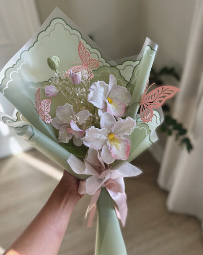 Blush of Serenity – Luxury Hand-Painted Crochet Orchid & Butterfly Bouquet 🌸�