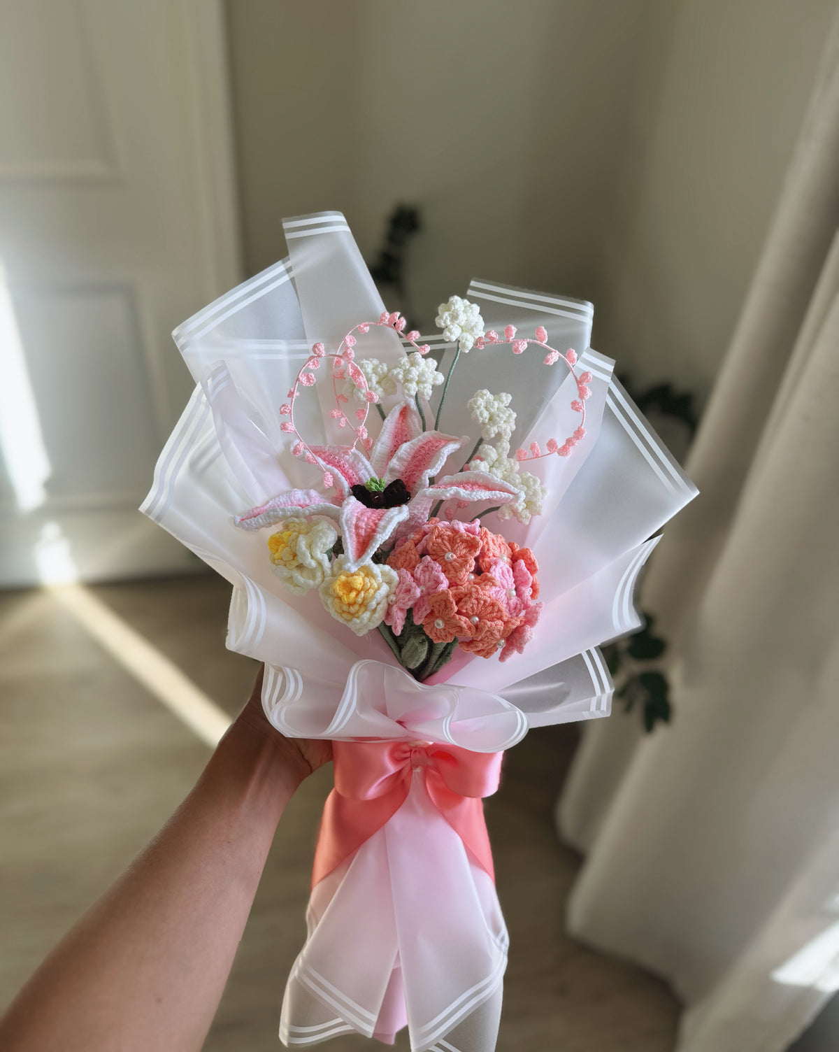 Blush of Dawn – Handcrafted Crochet Stargazer Lily, Hydrangea & Wildflower Bouquet 🌸🧡