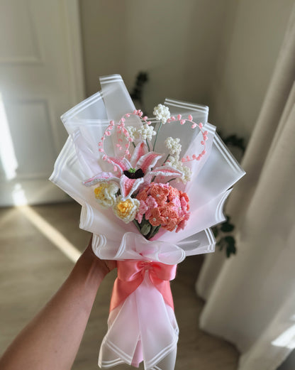 Blush of Dawn – Handcrafted Crochet Stargazer Lily, Hydrangea & Wildflower Bouquet 🌸🧡