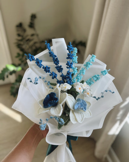 Whispers of Blue – Crochet Daffodils, Lavender & Forget-Me-Not Bouquet 🩵