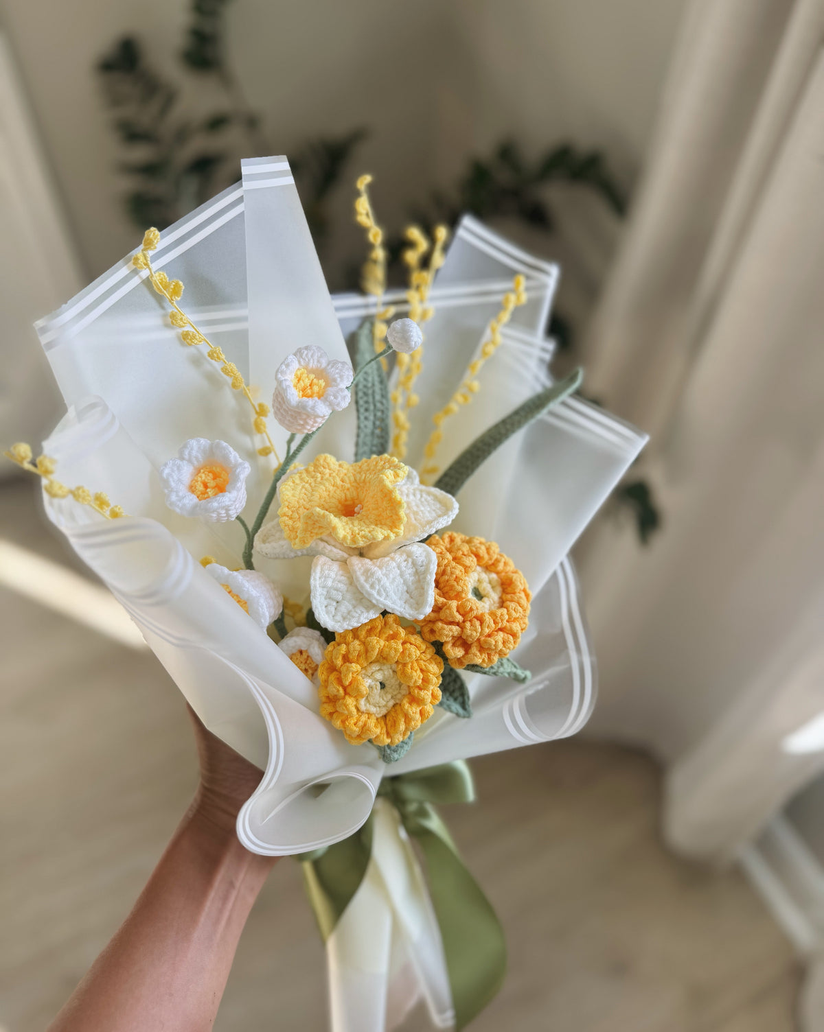 Golden Meadow Serenade – Handcrafted Crochet Marigold, Daffodil & Lily of the Valley Bouquet 💛🌼
