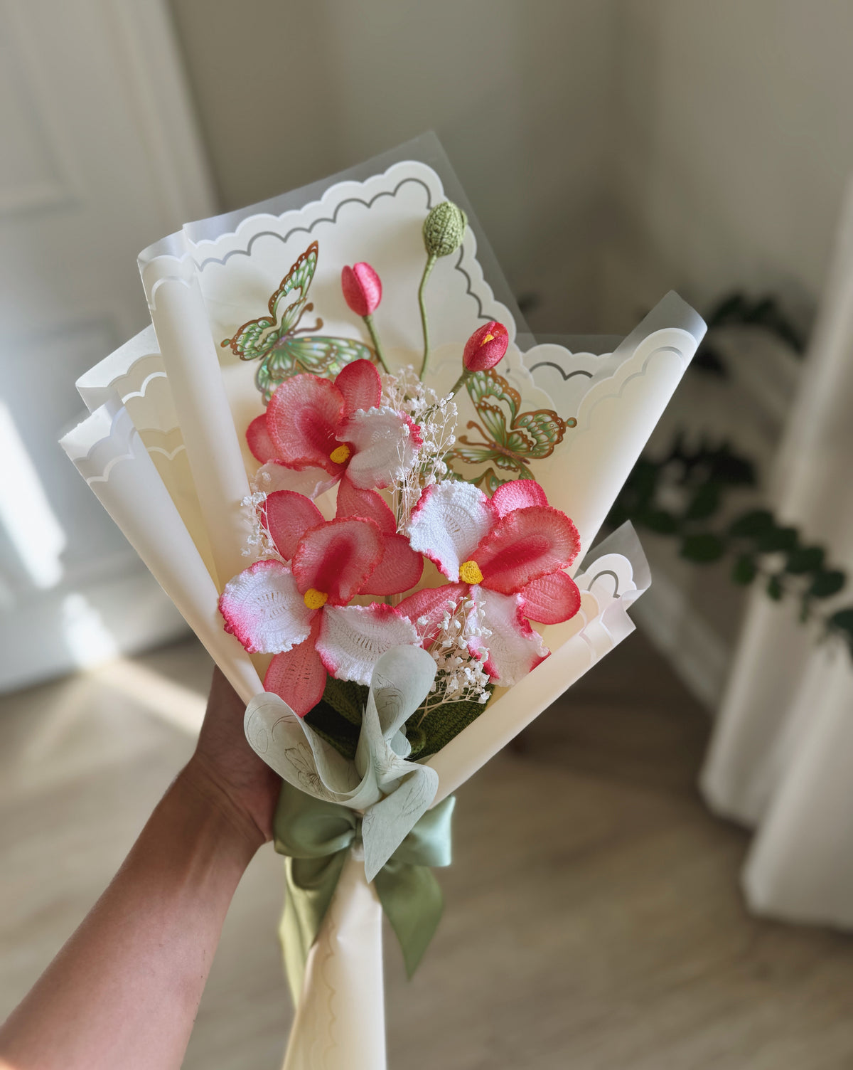 Petals of Affection – Luxury Hand-Painted Crochet Pink Orchid & Butterfly Bouquet 🌸