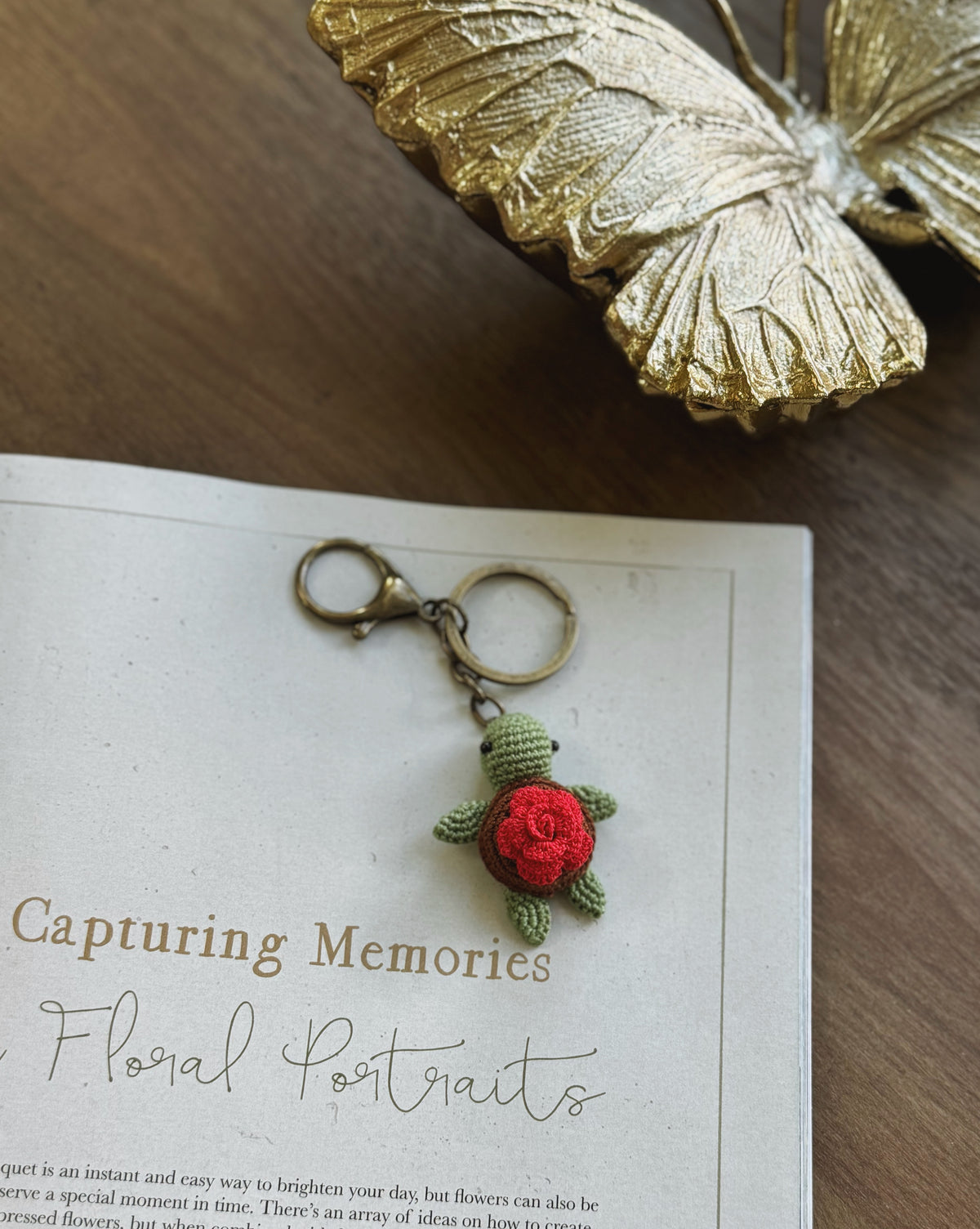 Red Rose Shell Turtle Amigurumi Crochet Keychain