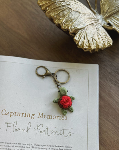 Red Rose Shell Turtle Amigurumi Crochet Keychain