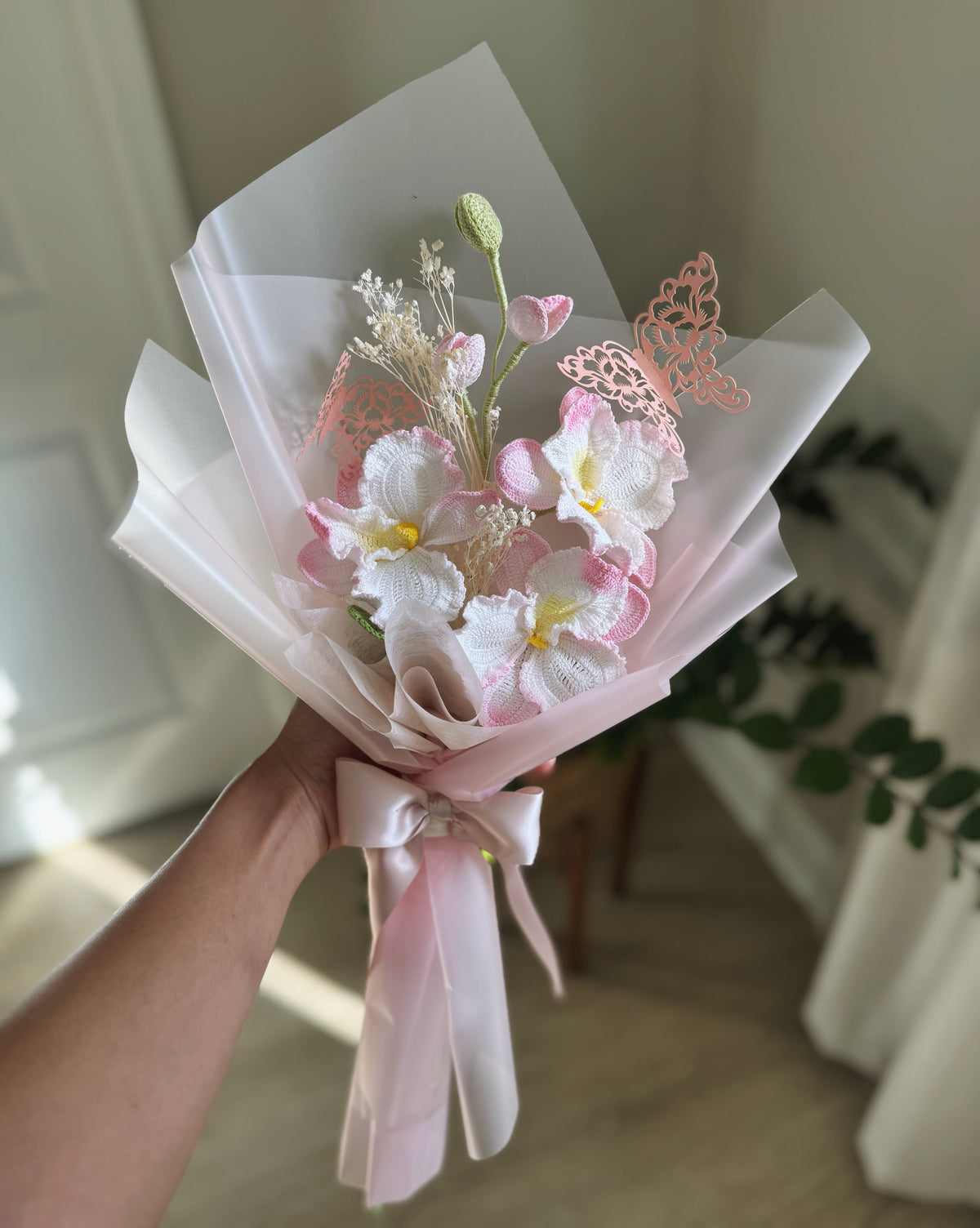 Petals of Tenderness – Luxury Hand-Painted Crochet Blush Orchid & Butterfly Bouquet 🌸🦋