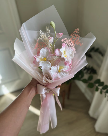 Petals of Tenderness – Luxury Hand-Painted Crochet Blush Orchid & Butterfly Bouquet 🌸🦋