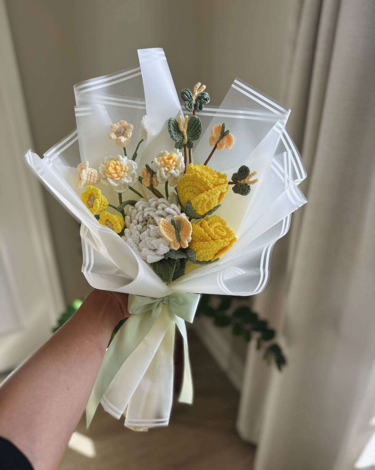 Golden Daydream – Handcrafted Crochet Yellow Roses, Dahlia, Mini Peonies & Butterfly Bouquet 💛�