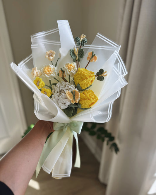 Golden Daydream – Handcrafted Crochet Yellow Roses, Dahlia, Mini Peonies & Butterfly Bouquet 💛�