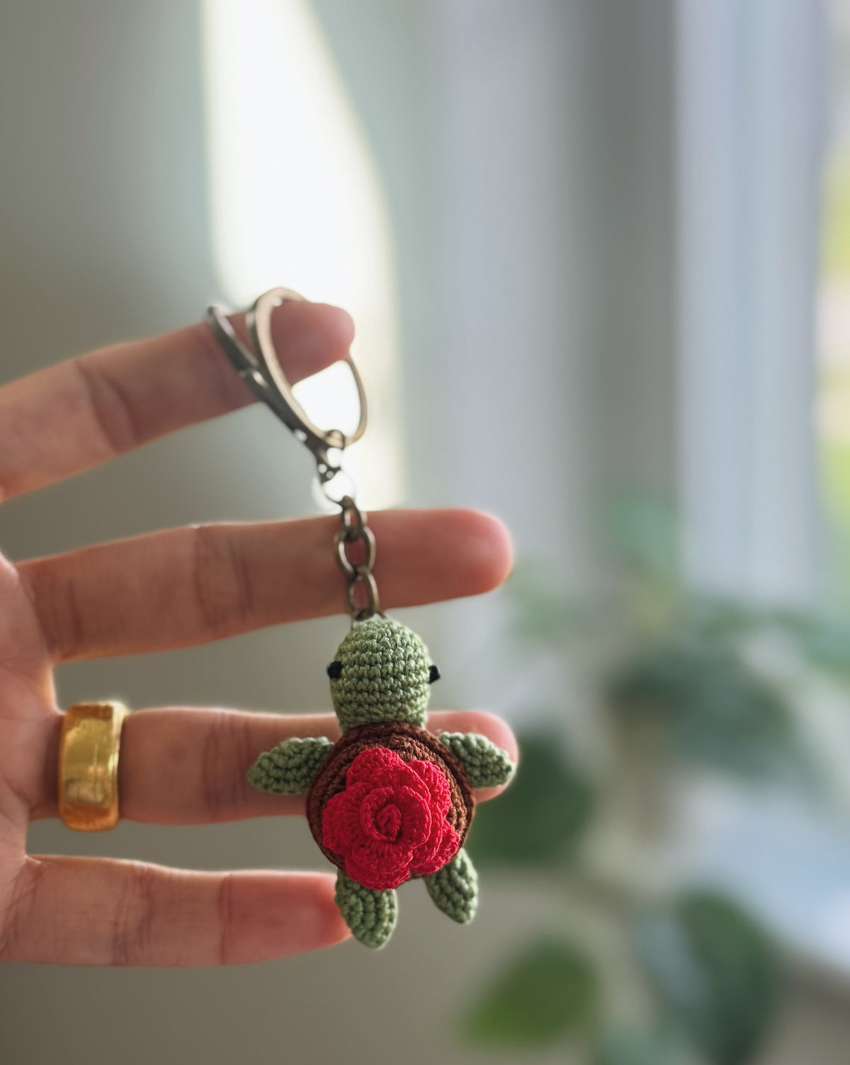 Red Rose Shell Turtle Amigurumi Crochet Keychain