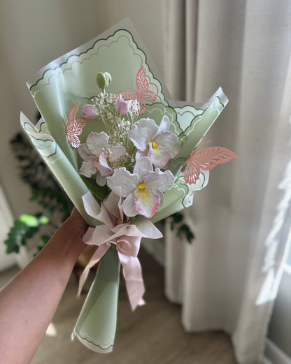 Blush of Serenity – Luxury Hand-Painted Crochet Orchid & Butterfly Bouquet 🌸�