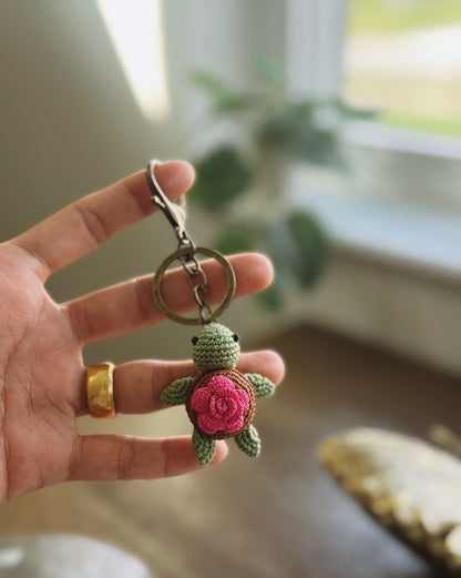 Pink Rose Shell Turtle Amigurumi Crochet Keychain