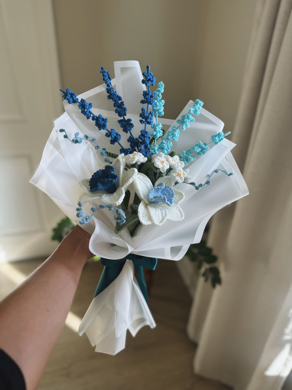 Whispers of Blue – Crochet Daffodils, Lavender & Forget-Me-Not Bouquet 🩵