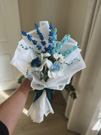 Whispers of Blue – Crochet Daffodils, Lavender & Forget-Me-Not Bouquet 🩵
