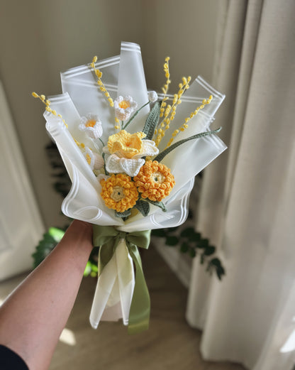 Golden Meadow Serenade – Handcrafted Crochet Marigold, Daffodil & Lily of the Valley Bouquet 💛🌼