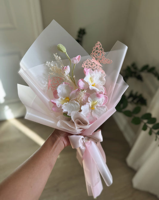Petals of Tenderness – Luxury Hand-Painted Crochet Blush Orchid & Butterfly Bouquet 🌸🦋