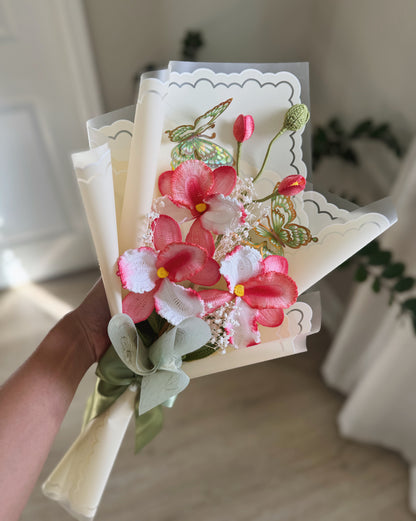 Petals of Affection – Luxury Hand-Painted Crochet Pink Orchid & Butterfly Bouquet 🌸