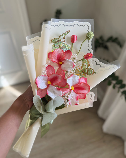 Petals of Affection – Luxury Hand-Painted Crochet Pink Orchid & Butterfly Bouquet 🌸