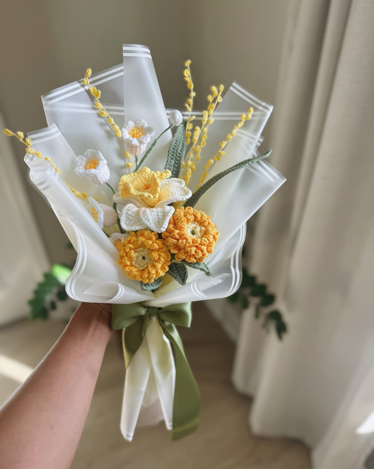 Golden Meadow Serenade – Handcrafted Crochet Marigold, Daffodil & Lily of the Valley Bouquet 💛🌼