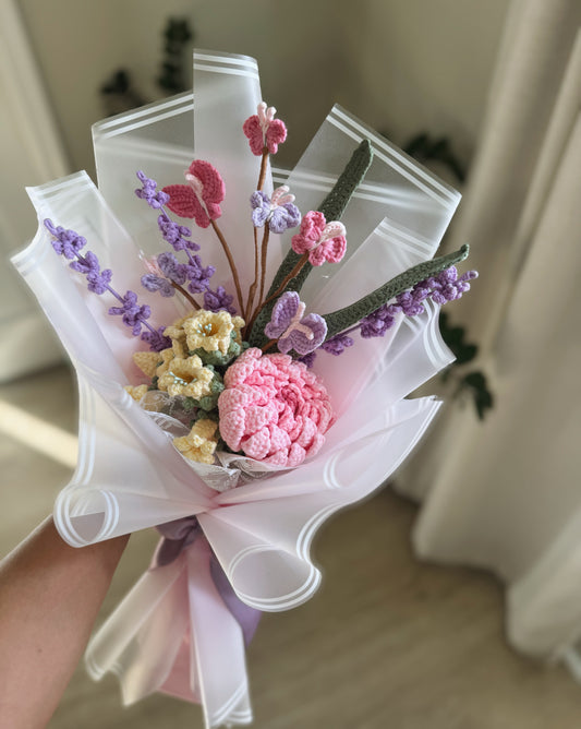 Butterfly Garden Sonata – Handcrafted Crochet Dahlia, Harebell & Lavender Bouquet 🦋�