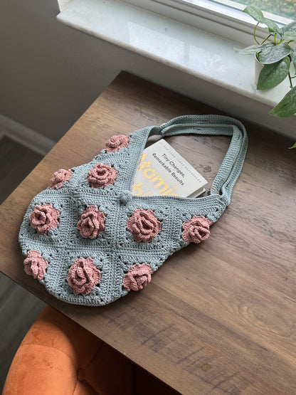 Sage Green Crochet Rose Bag – Handmade 100% Cotton Granny Square Shoulder Bag with 3D Pink Roses & Adjustable Strap 🌹