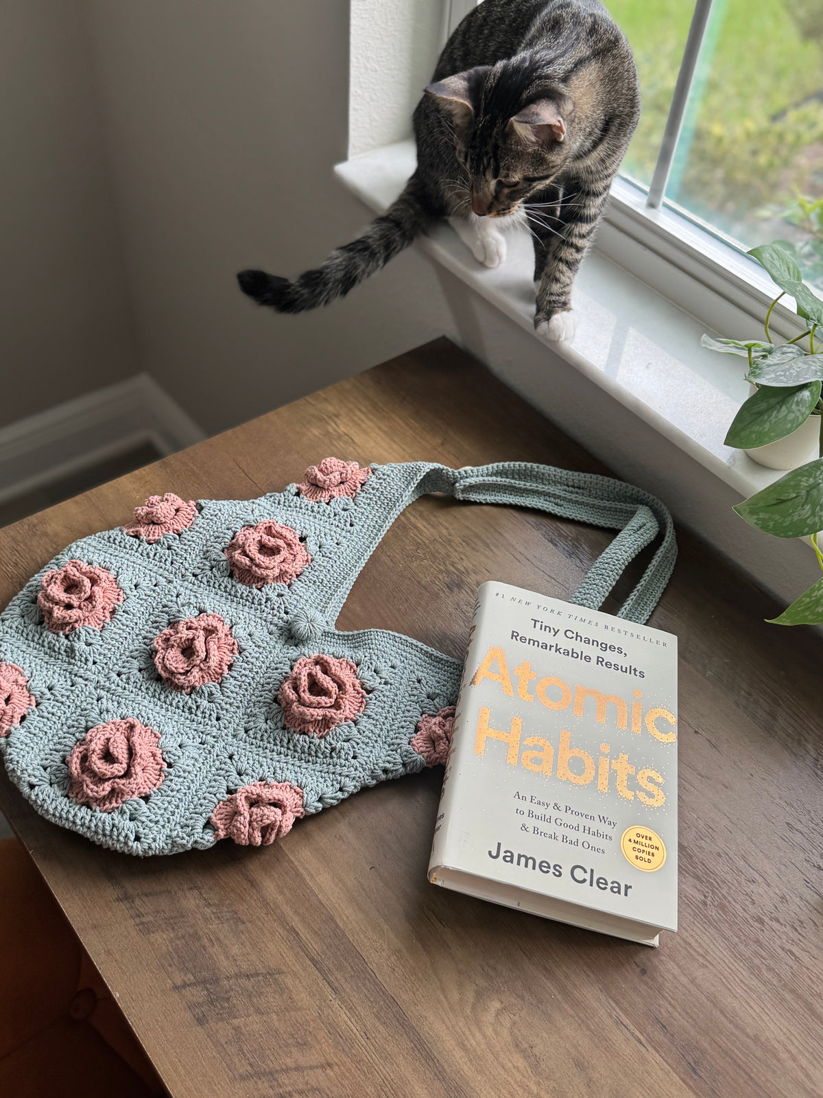 Sage Green Crochet Rose Bag – Handmade 100% Cotton Granny Square Shoulder Bag with 3D Pink Roses & Adjustable Strap 🌹