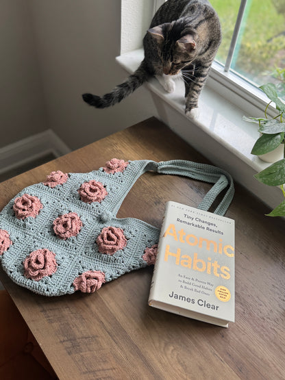Sage Green Crochet Rose Bag – Handmade 100% Cotton Granny Square Shoulder Bag with 3D Pink Roses & Adjustable Strap 🌹